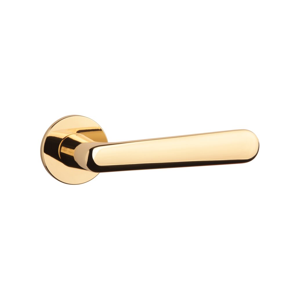Klamka Aprile Aria R Super Slim 5 mm w wykończeniu złoty, na okrągłej rozecie Slim 7 mm