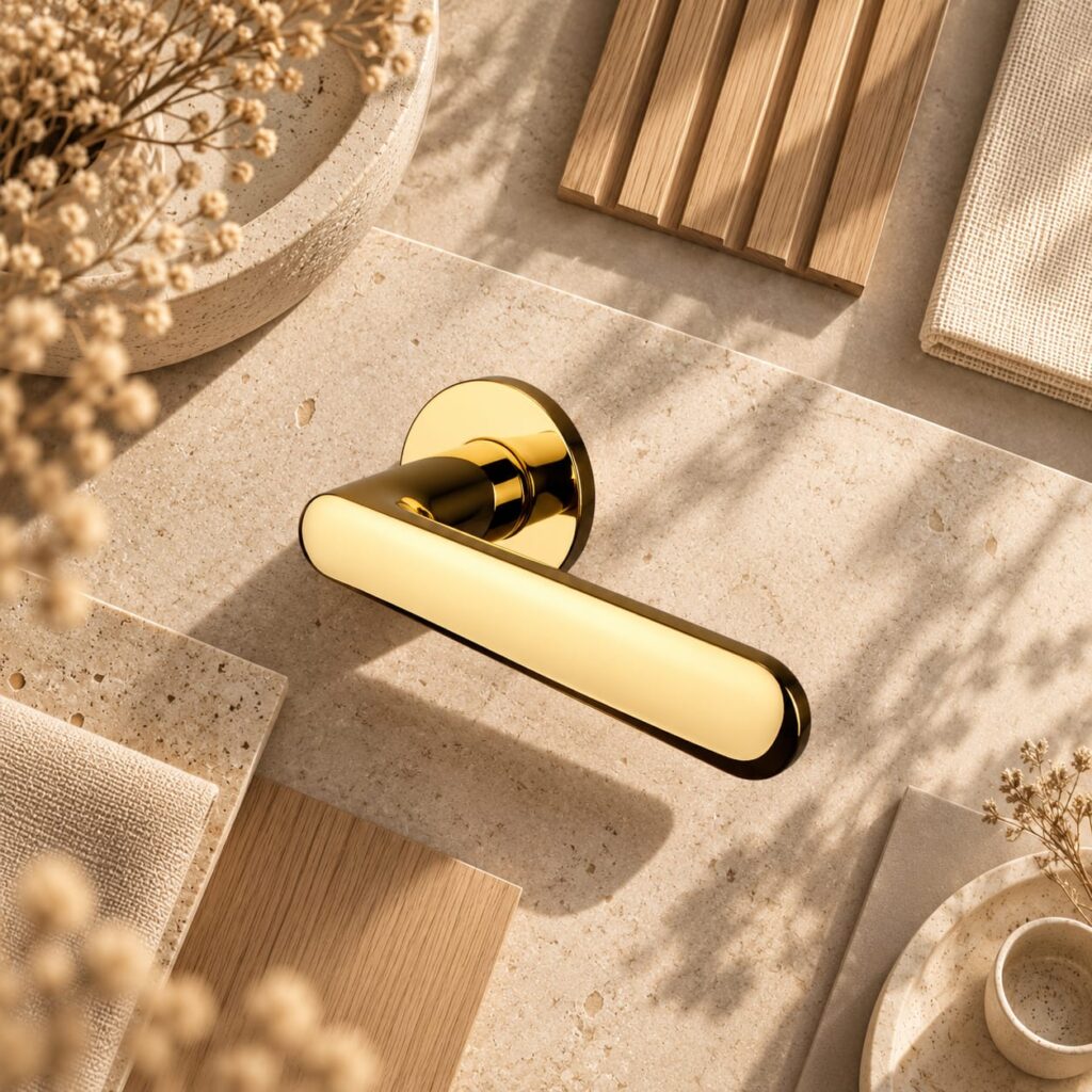 Klamka Aprile Aria R Super Slim 5 mm w wykończeniu złoty, na okrągłej rozecie Slim 7 mm