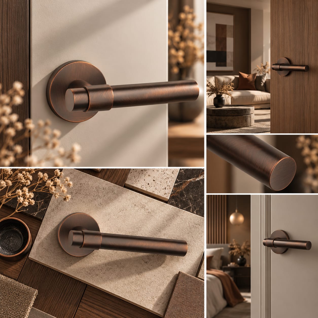 Klamka Aprile Bellisa R Slim 7 mm w wykończeniu umbra palona, na okrągłej rozecie Slim 7 mm