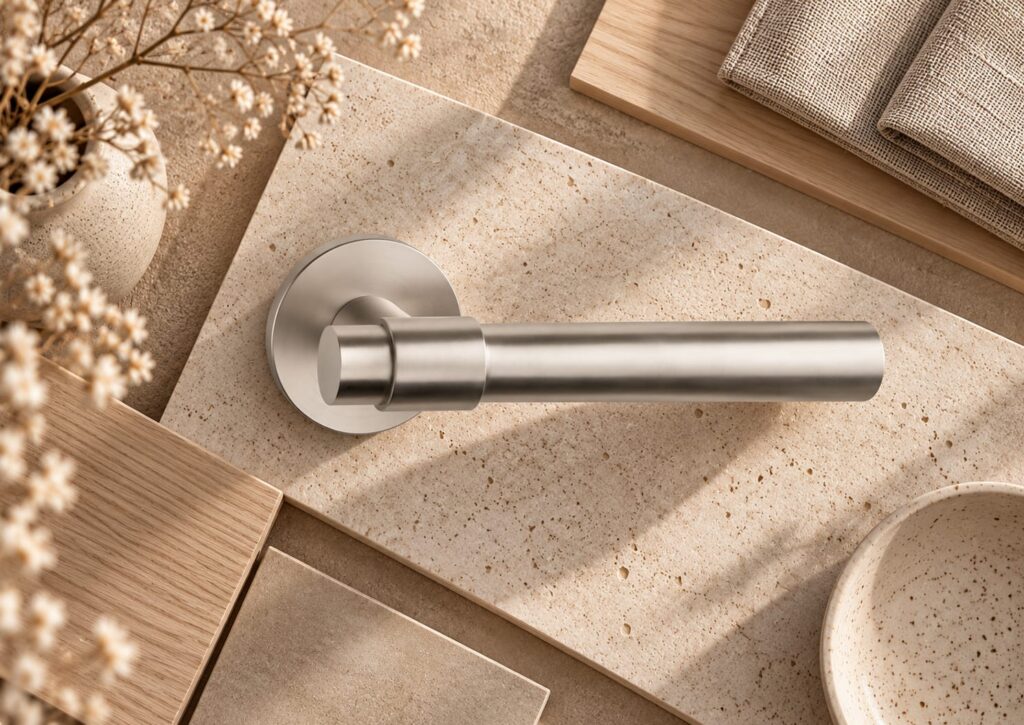 Klamka Aprile Bellisa R Slim 7 mm w wykończeniu srebrny perłowy, na okrągłej rozecie Slim 7 mm