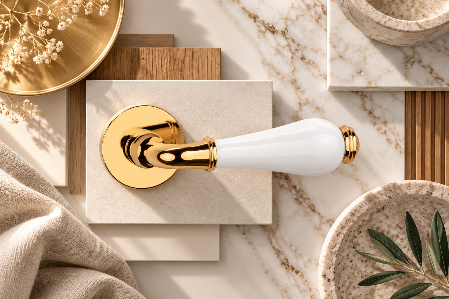 Klamka drzwiowa APRILE DANIELLA White Ceramics - inspiracje wnętrzarskie z białą ceramiką, złotem i marmurem