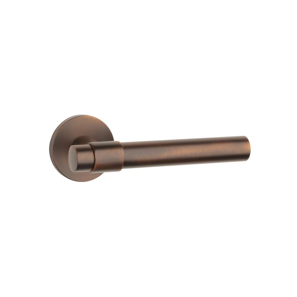 Klamka Aprile Bellisa R Slim 7 mm w wykończeniu umbra palona, na okrągłej rozecie Slim 7 mm